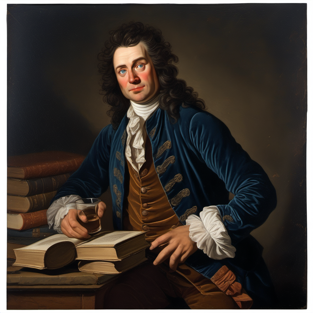 18th century alcoholic middle-aged man wild straight dark brown hair deep blue eyes books