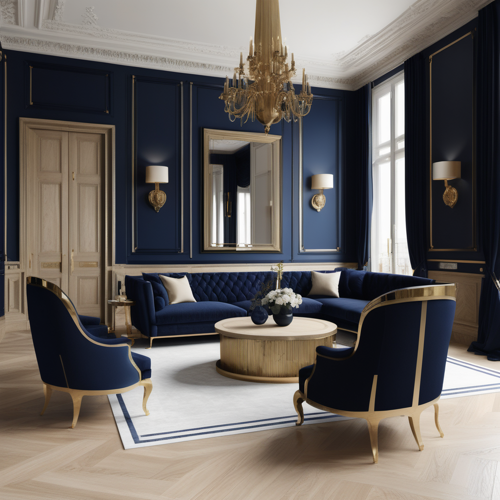 a hyperrealistic image of a palatial Modern Parisian   in a beige oak brass navy blue and black colour palette