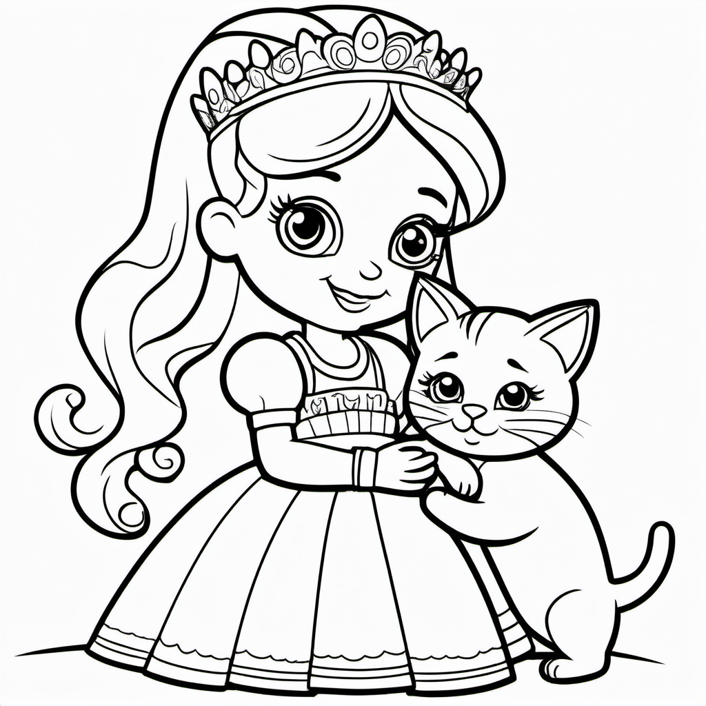 coloring pages for kids, little princess playing with her kitty  , cartoon style, thick lines, low detail, no shading, black and white, no background

