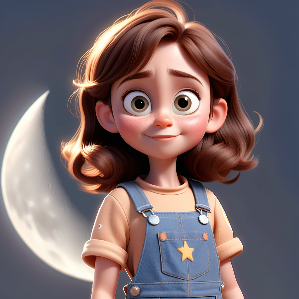 imagine 5 year old short girl with brown hair, fair skin, hazel eyes, wearing a denim dress overall, use Pixar style animation, use white background and make it full body size, standing on the surface of the moon