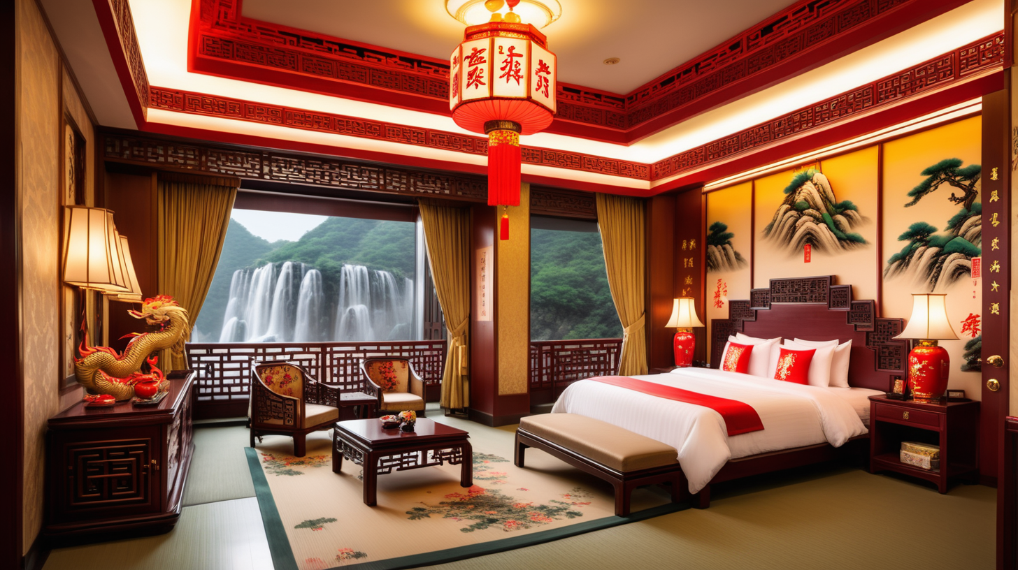 Hotel room excessively decorated making fun of Chinese stereotypes, traditional chines furniture, traditional chinese sculptures, waterfall