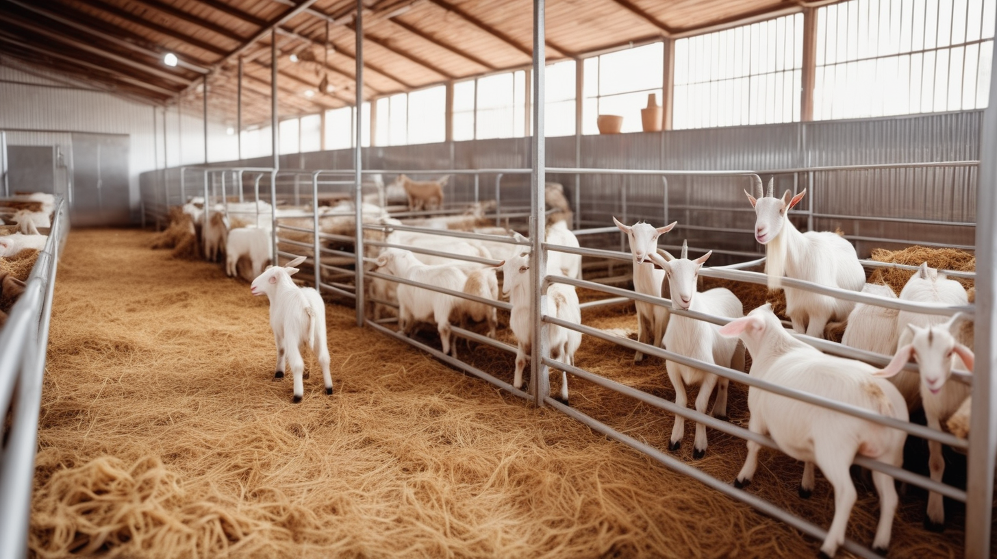 indoor modern goat farm with goat eat food in stable