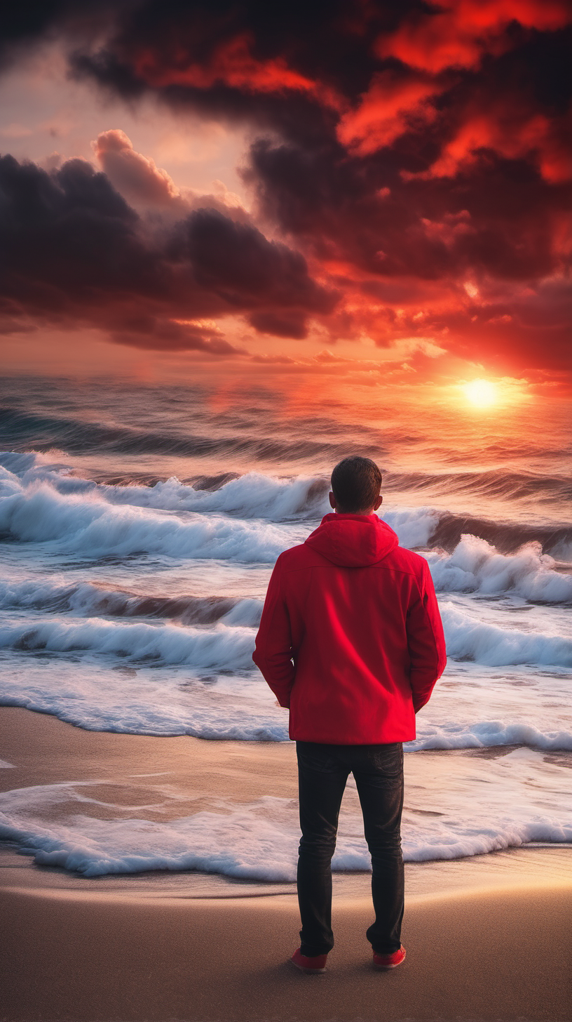 Man standing on the beach, red jacket, looking at the sunset and beautiful sea waves, red clouds, very beautiful