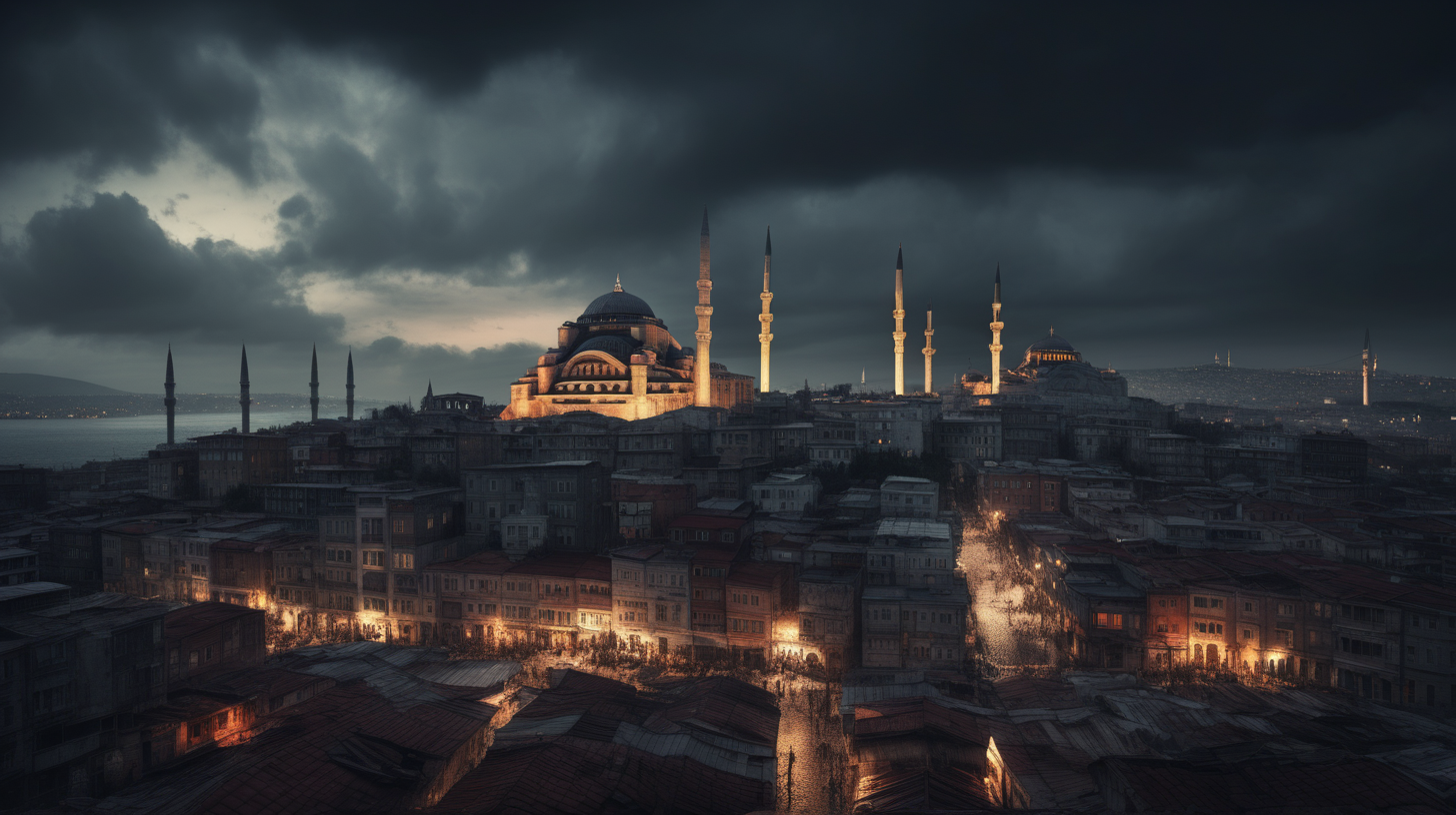 /imagine prompt: Historic Cityscapes, Istanbul, Turkey, year 1500, east roman empire age with its ancient roman structures –v 5.2and the overall moody atmosphere. Use a high-resolution 16k camera with a 16:9 aspect ratio, a raw style, and a quality setting of 2 to capture this atmospheric scene. –ar 16:9 –v 5.2 –style raw