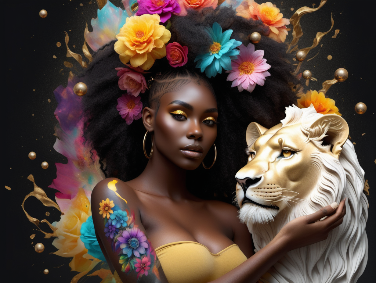 abstract exotic black Model with soft colorful flowers, the colors of the flowers melt into her hair. 
She is holding a toy top in gold
she is looking at realistic WHITE male
lion
 12 crystal ORBS in different sizes are floating in the air around them 
add tattoos on her arms,  shoulder and back