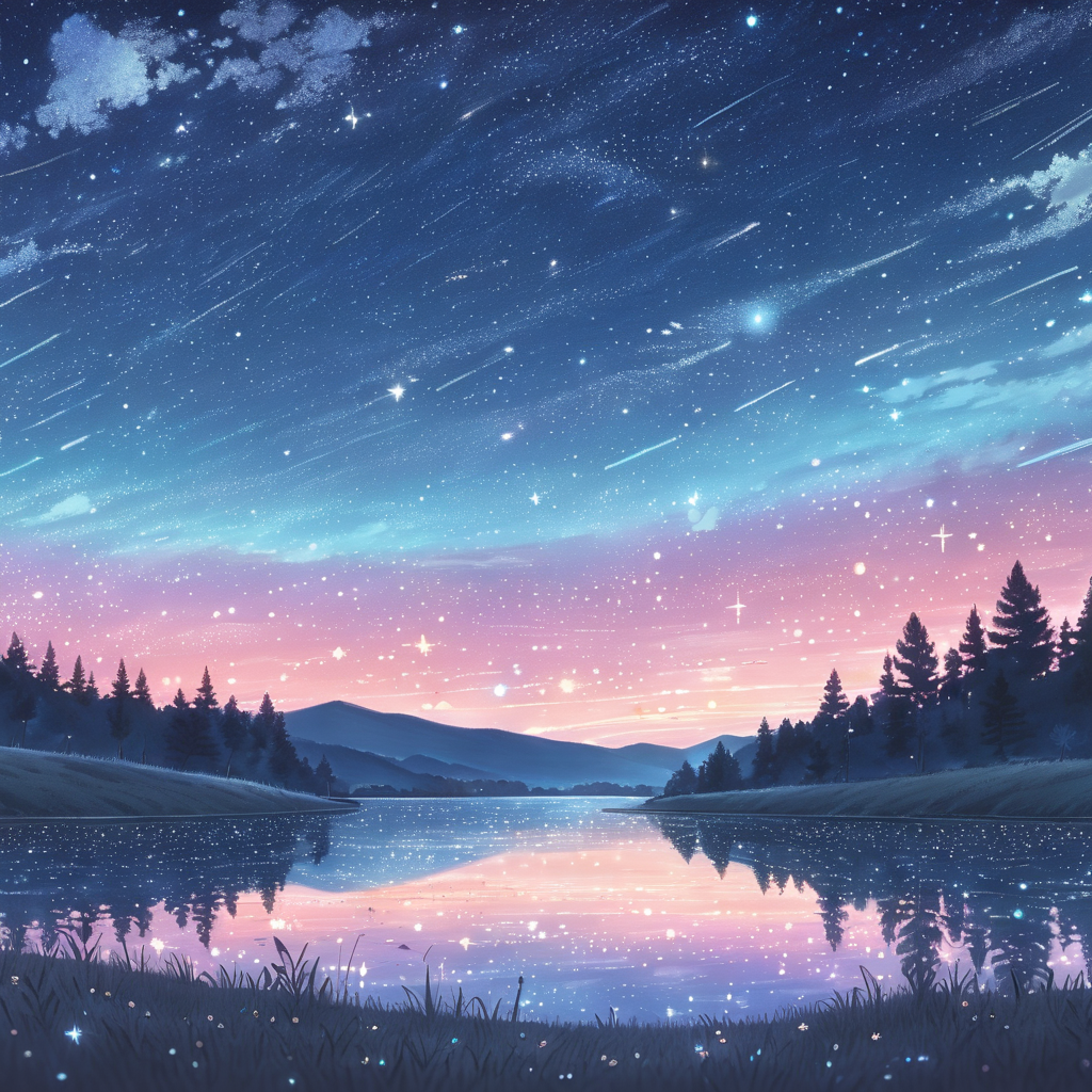 beautiful starry sky at dusk, handdrawn, anime, lofi, pastel