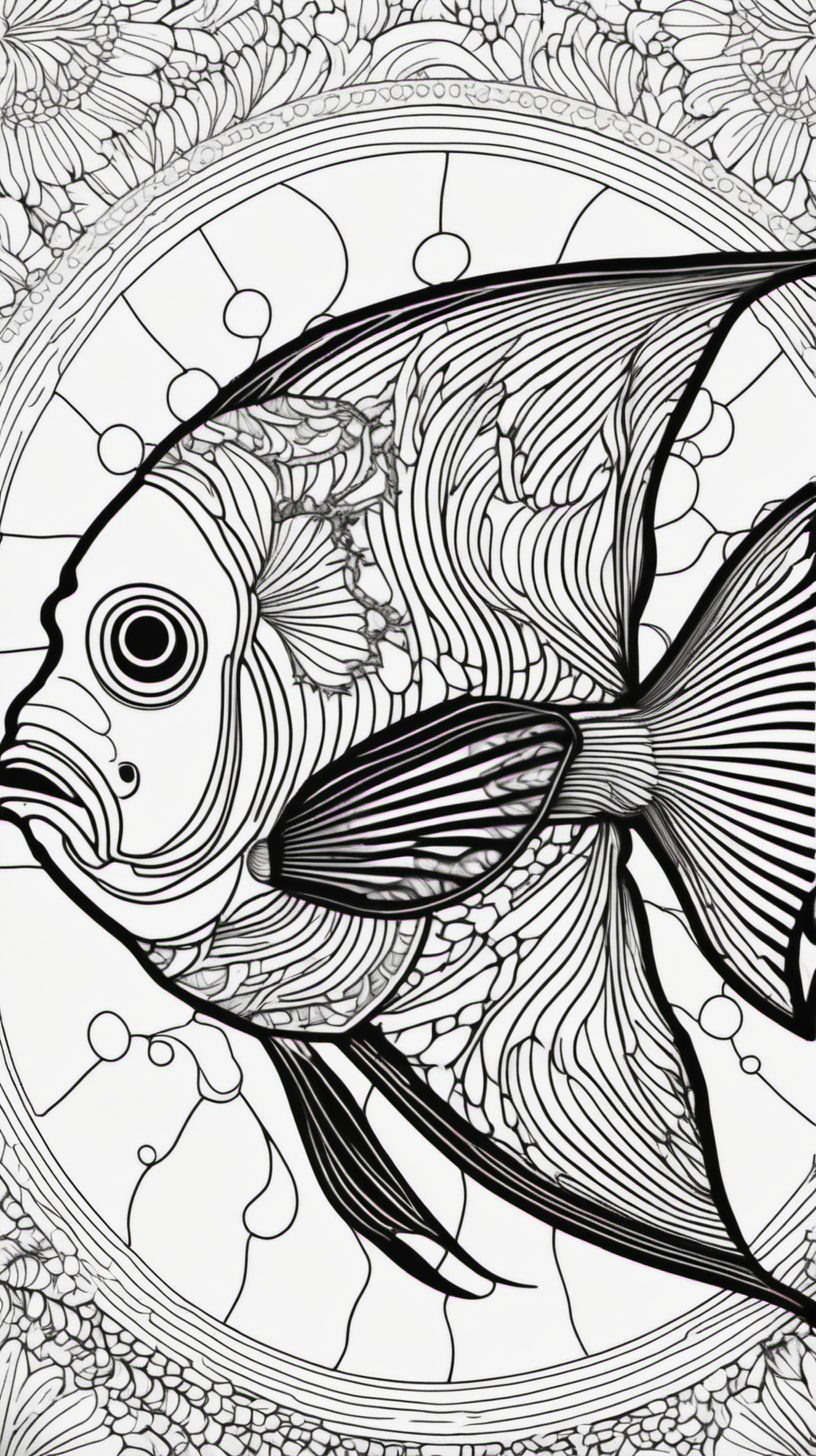 angel fish, mandala background, coloring book page, clean line art, no color