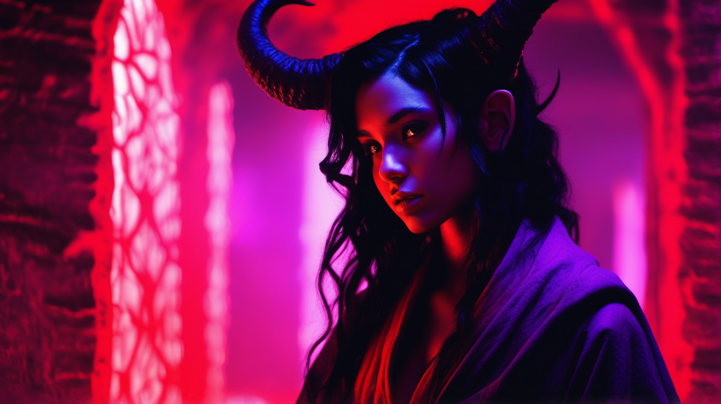 a beautiful female teenage tiefling with purple skin in robes with black hair in profile, lit by red light underground