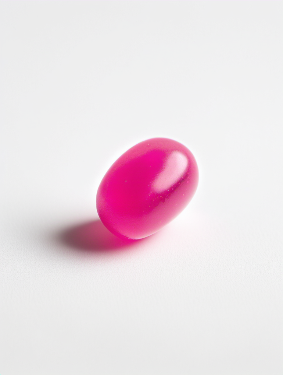 ARTISTIC STUDIO PHOTOGRAPH OF A PINK JELLYBEAN ON A WHITE BACKGROUND
 