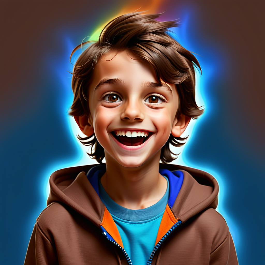 Happy 7 year old brunette boy with a colorful aura, wearing a brown zip up hoodie and blue top underneather



