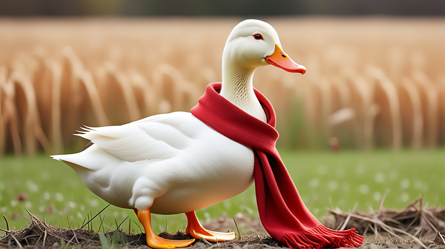 Depict a white duck wearing a red scarf around her neck looking for a nest in a field. 