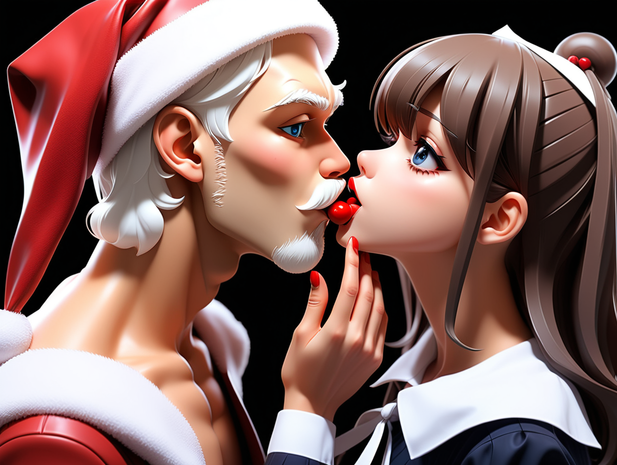 Santa claus hombre besando a mujer sexi y provocativa vestida de colegiala.anime
