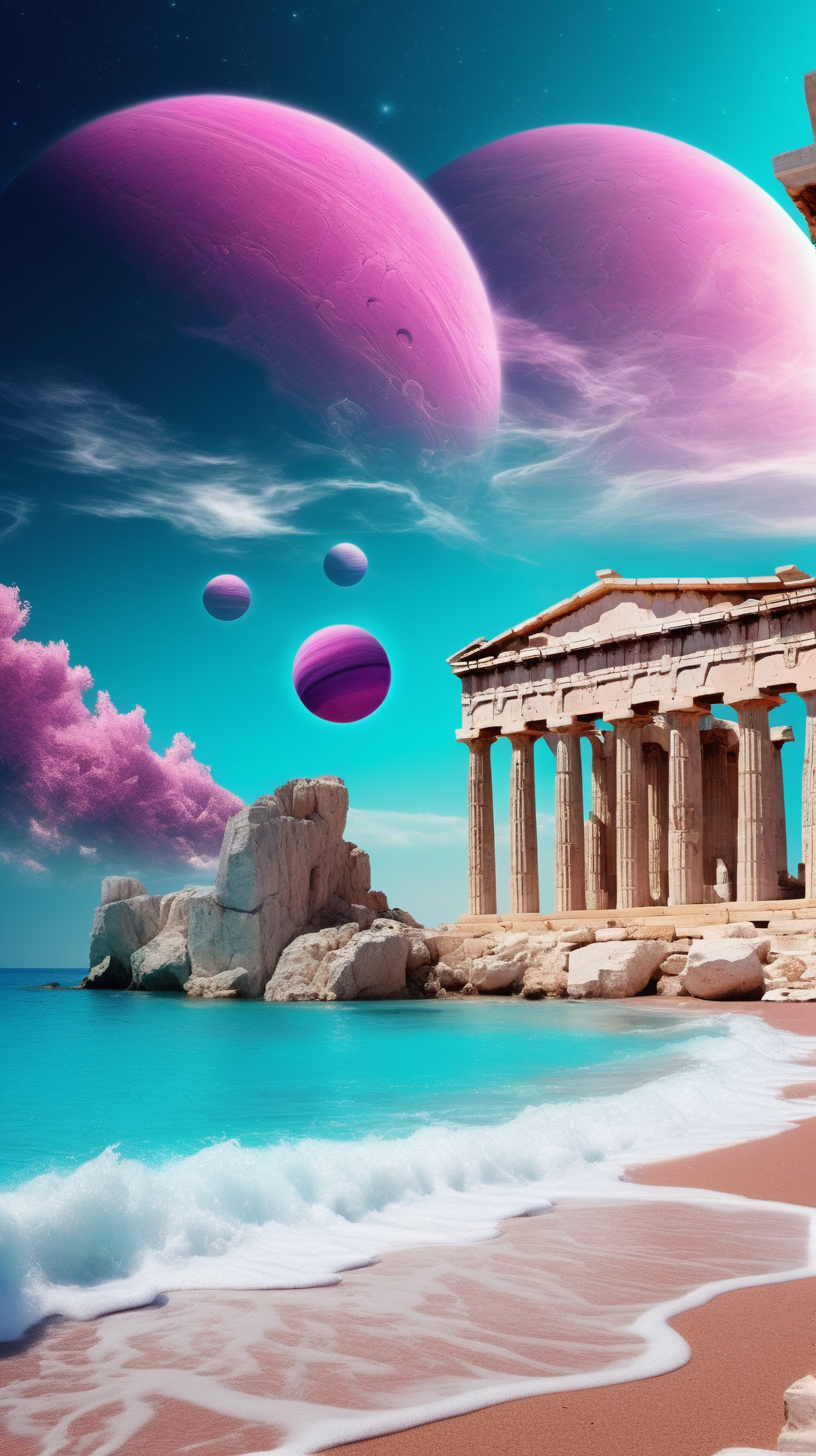 a beach with fantasy colors, greek temples, surreal, planet on the sky
