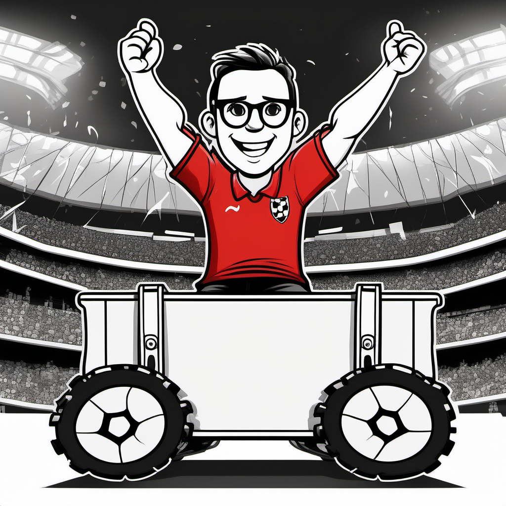 A football fan with glasses in a red shirt, celebrating the championship on a big wagon with a flat cargo platform (cartoon style and the background in black and white)
