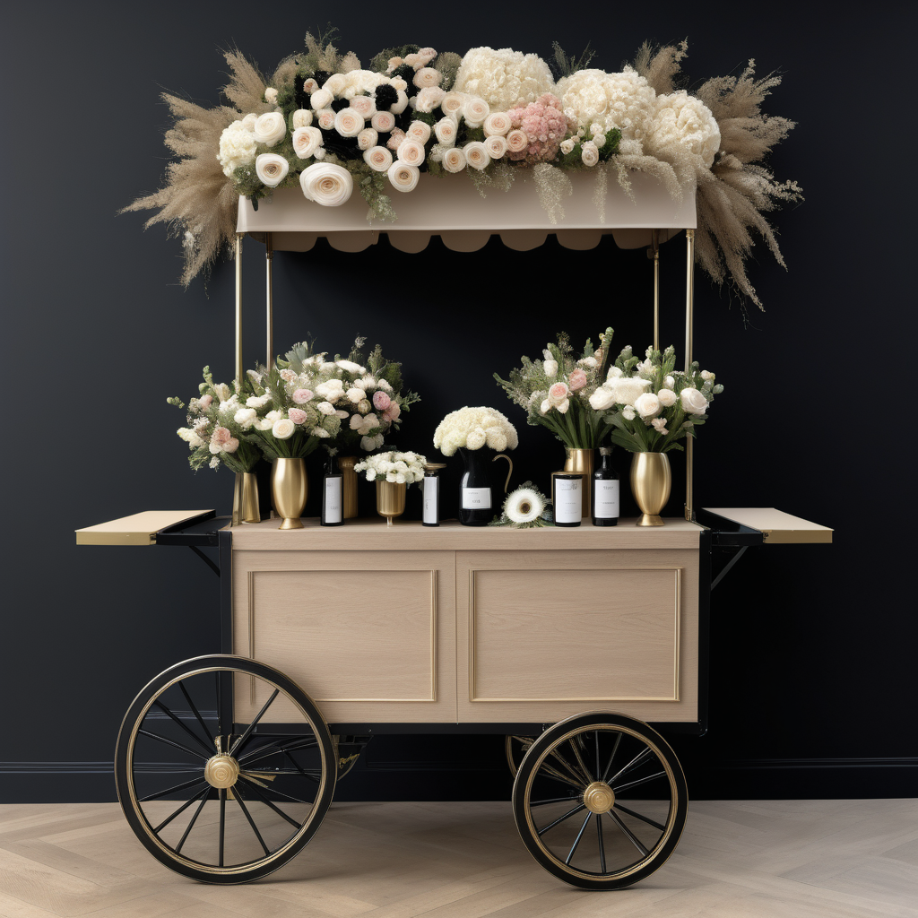A hyperrealistic image of a grand, large,  Modern Parisian pop-up florist cart in a beige oak brass and black colour palette with bouquets or flowers