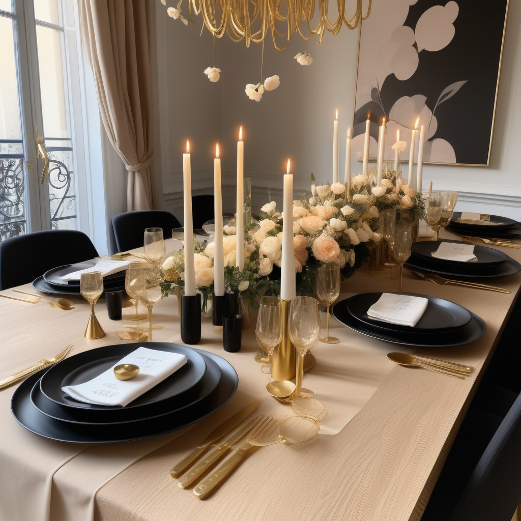 a hyperrealistic of Modern Parisian dining table properly set for a dinner party for 12 people in a beige oak brass and black colour palette with  flowers and candles and mood lighting
