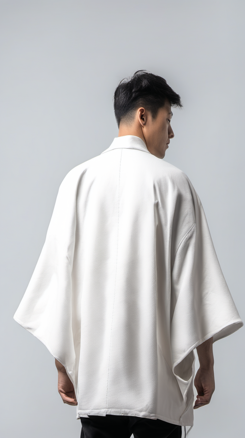 plain white modern outer jacket kimono inspired worn by a man from the back in white background