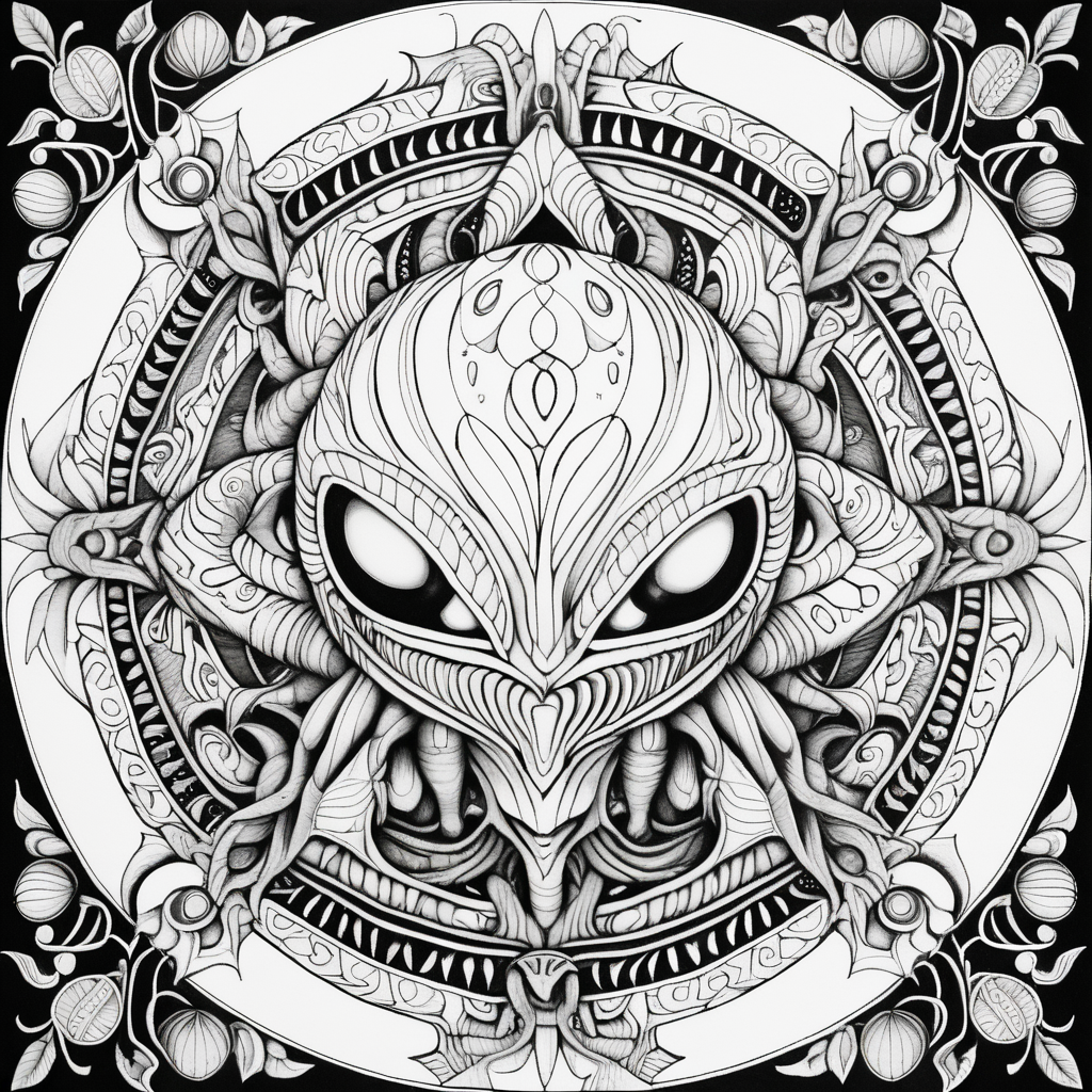 black & white, coloring page, high details, symmetrical mandala, strong lines, alien peach fruit with many eyes