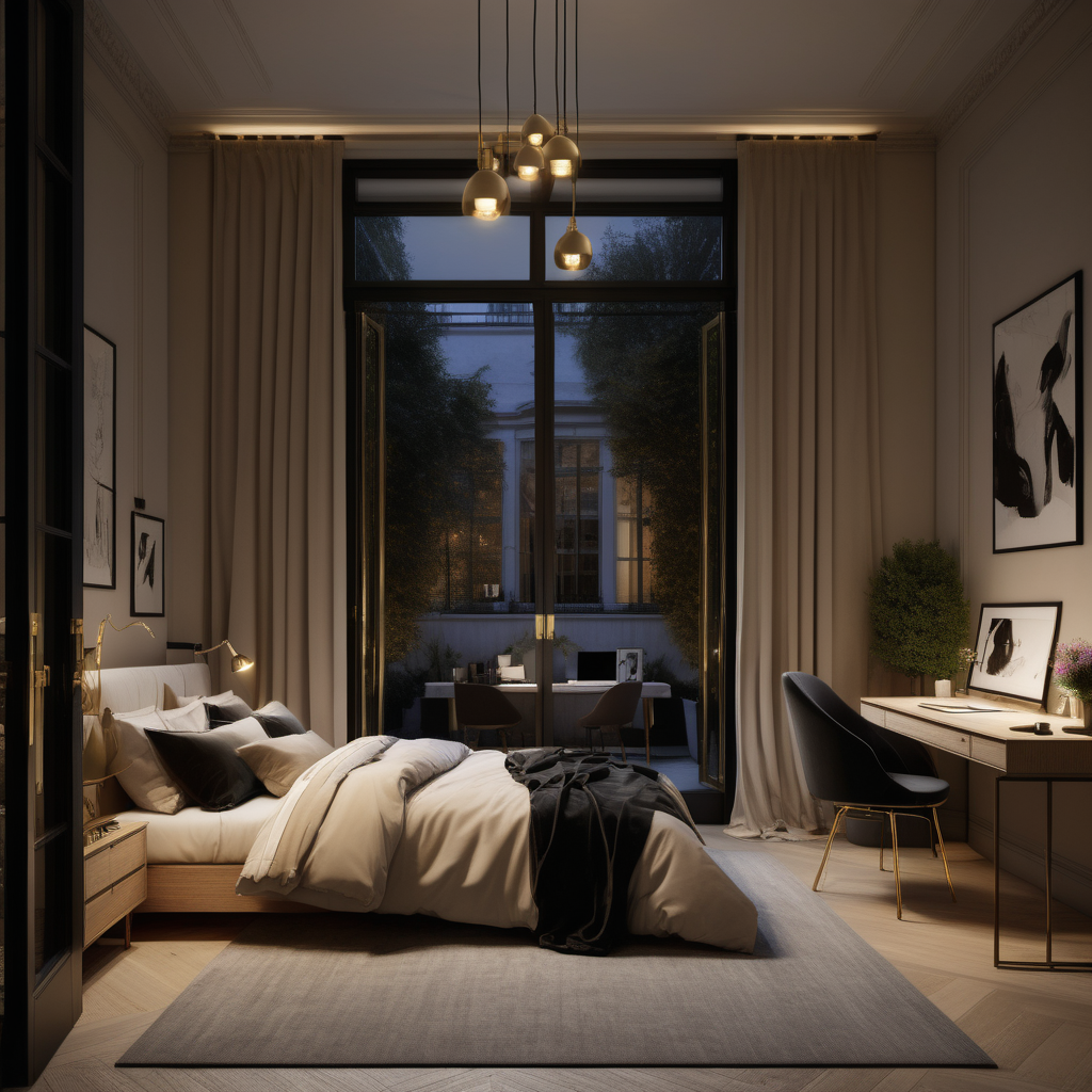 a hyperrealistic image of a palitial modern Parisian teenager bedroom at night with mood lighting, floor to ceiling window and doors opening to the private courtyard garden in beige, oak, black and brass with modern brass pendant lights, desk
