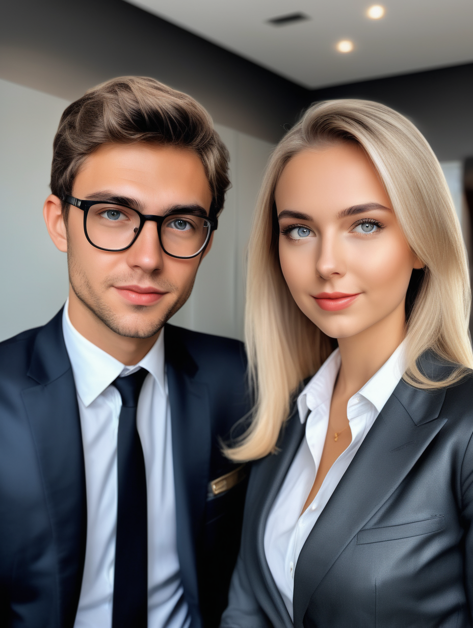Make a photo of a young billionaire and secretary

