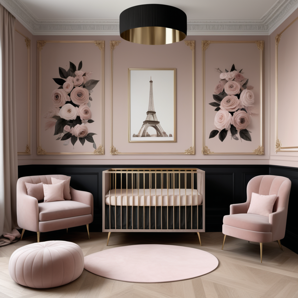 a hyperrealistic image of a Grand elegant Modern Parisian  Nursery in a beige oak brass dusty rose and black colour palette