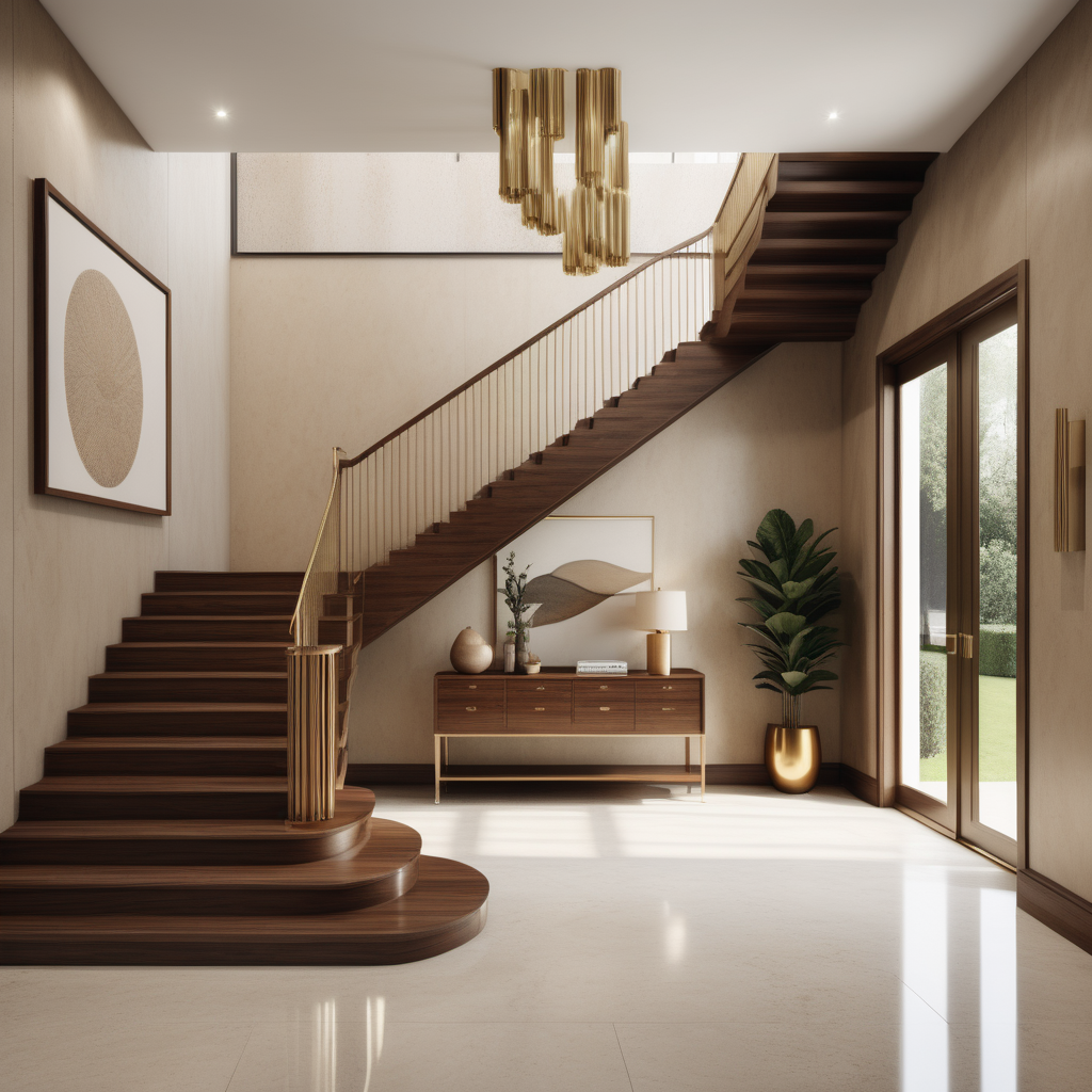 a hyperrealistic image of a contemporary home entrance foyer; staircase; beige, brass, walnut wood colour palette;
