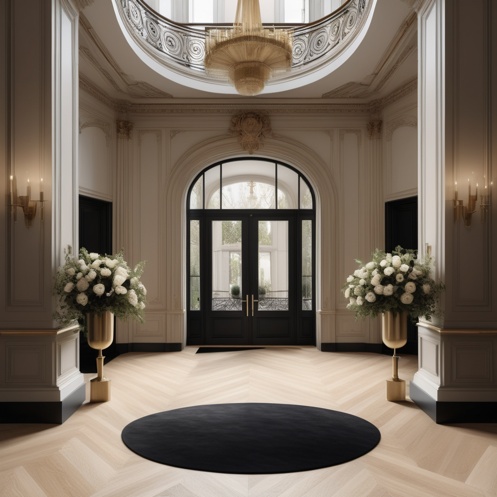 a hyperrealistic image of a grand modern Parisian entrance foyer with curved staircase; floor to ceiling windows; beige, oak, brass and black colour palette; Oak floor; a single, large bouquet of flowers; rug