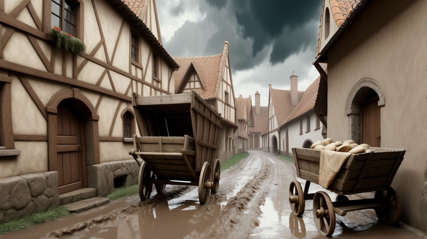 ruelle médiéval boueuse ,ciel nuageux, une charrette à bras dans la rue, des passants habits médiéval