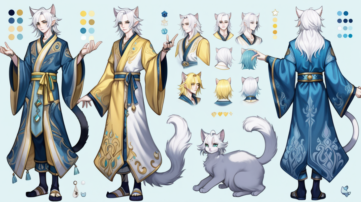 human cat boy with pale skin and bright white hair masculine slim feminine, has a long fluffy tail and piercings on his cat ears, has two different colored eyes one yellow and the other blue hes also wearing a large fantasy robe and fantasy clothes, full body reference sheet front and back