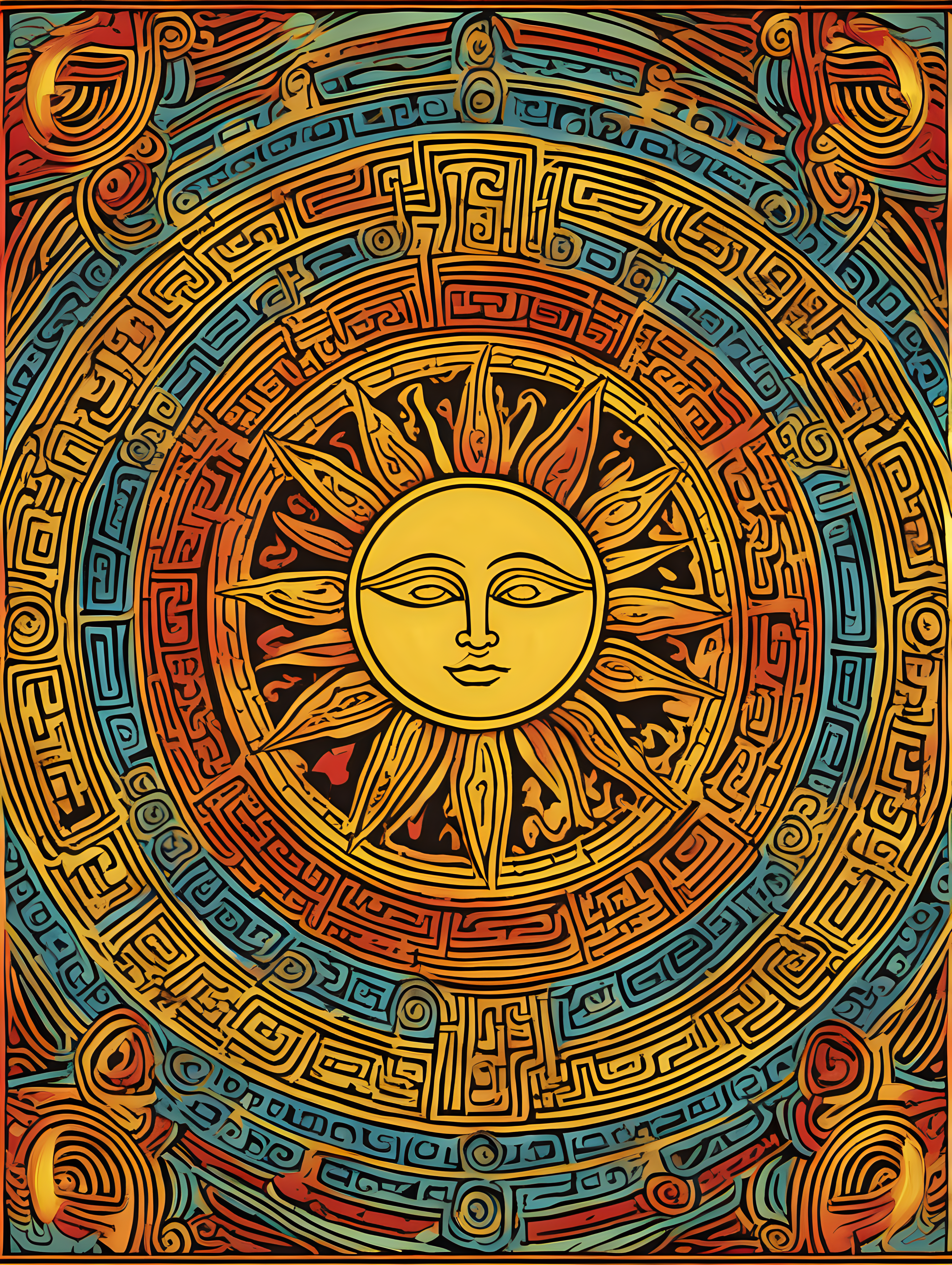 ancient sun design,  color page, vivid colors