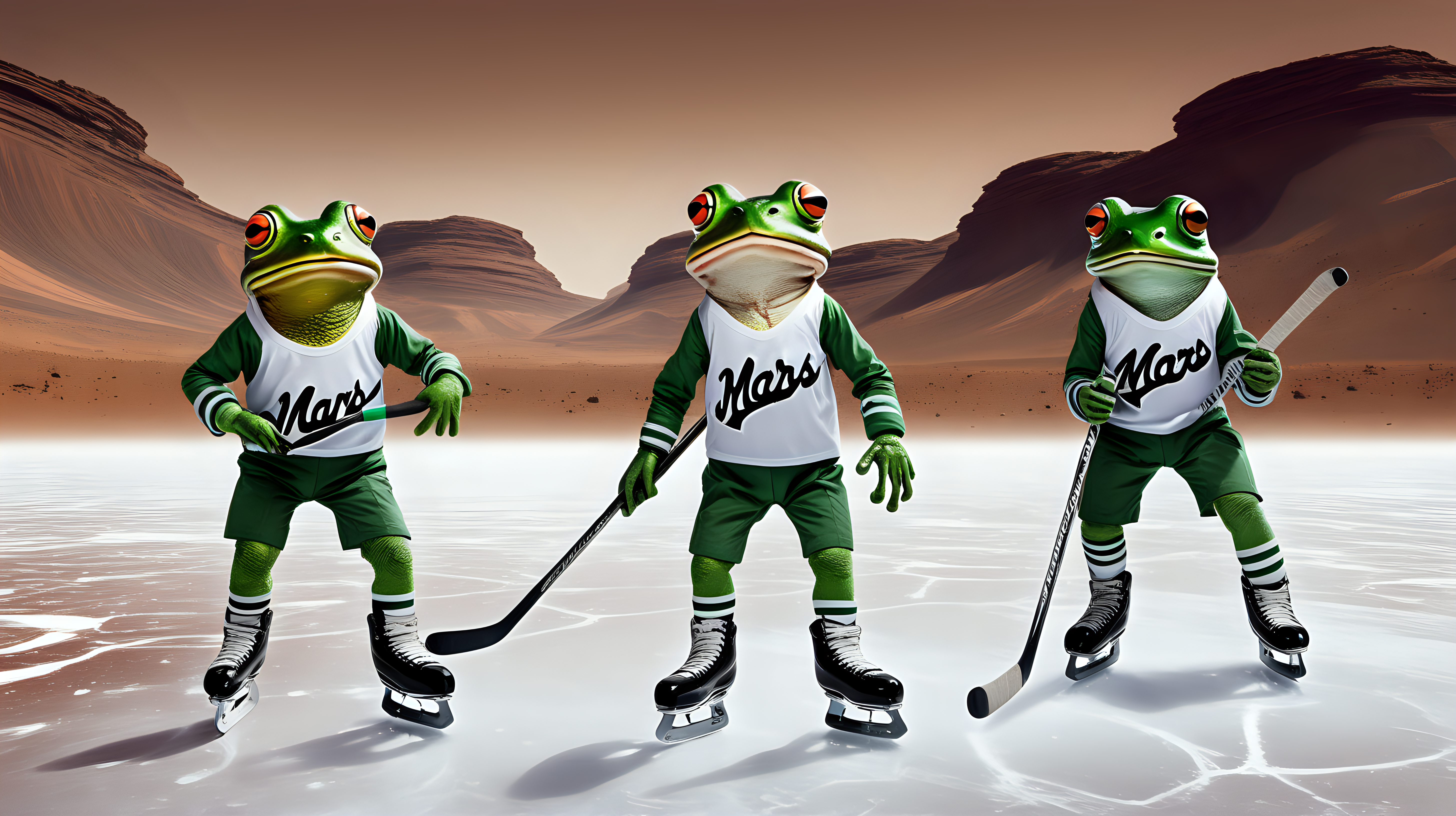 frogs in uniforms on ice skates playing hockey