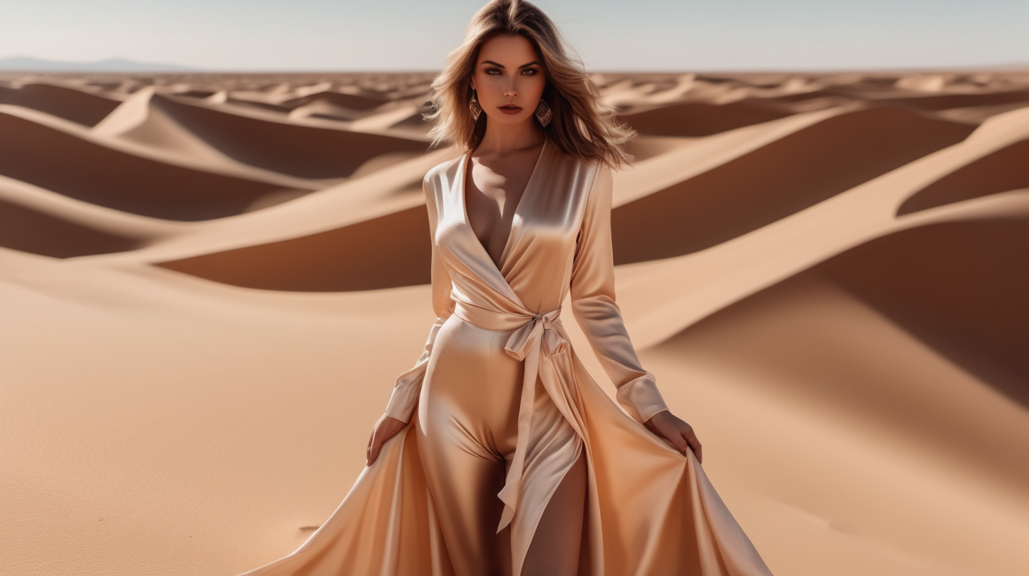 beautiful lady in desert wearing satin outfit