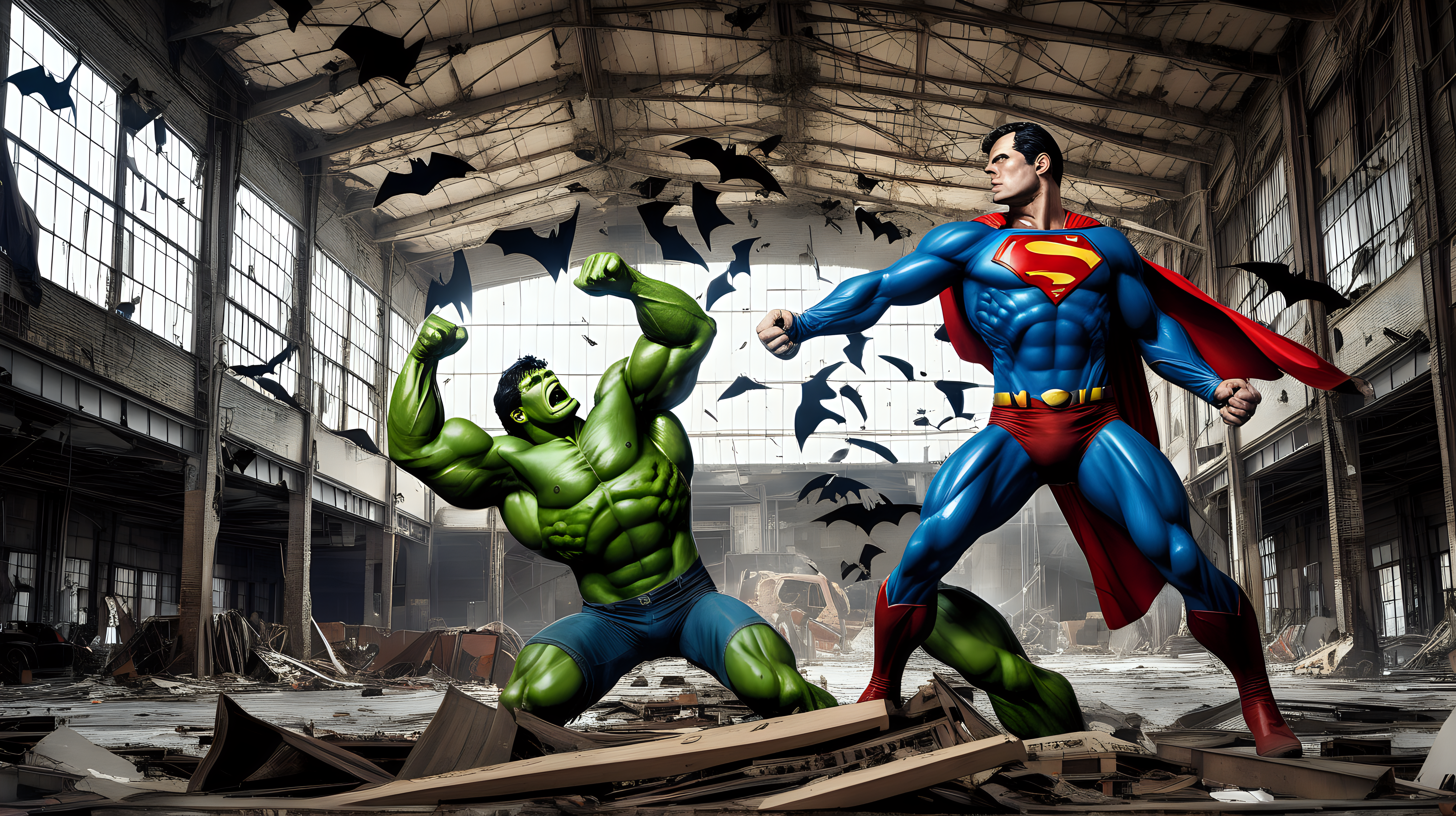 Superman fights the hulk in an abandon guitar factory with bats flying overhead