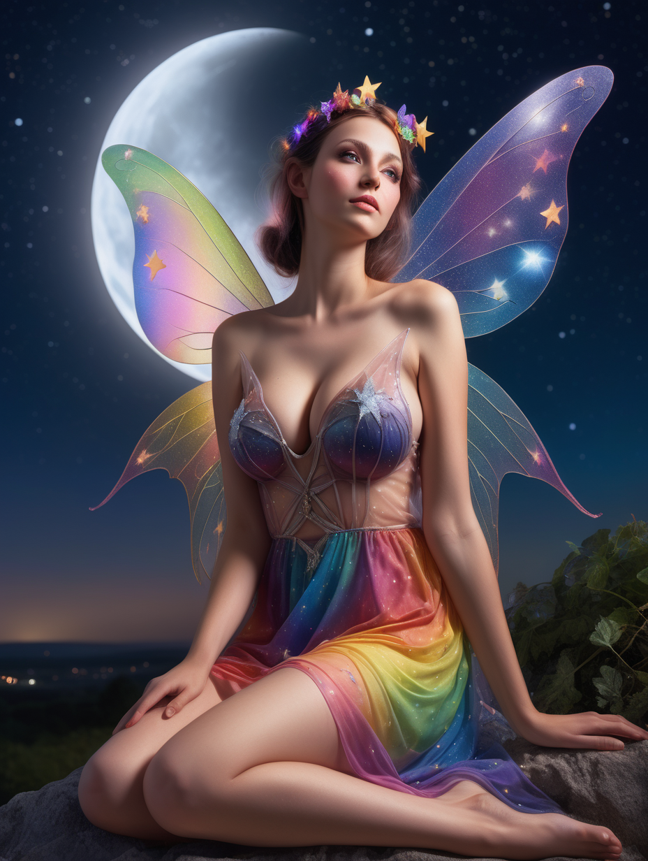 hyperrealistic extreme detail photograph of a female fairy with large breasts, colourful transparent wings and a colourful open front loose dress sitting under a starry with the moon in the background, sky facing the camera