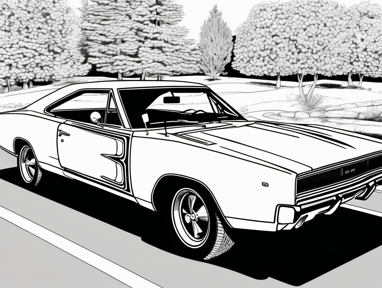 coloring page, classic American automobile, 1968 Dodge Charger, clean line art, no shade