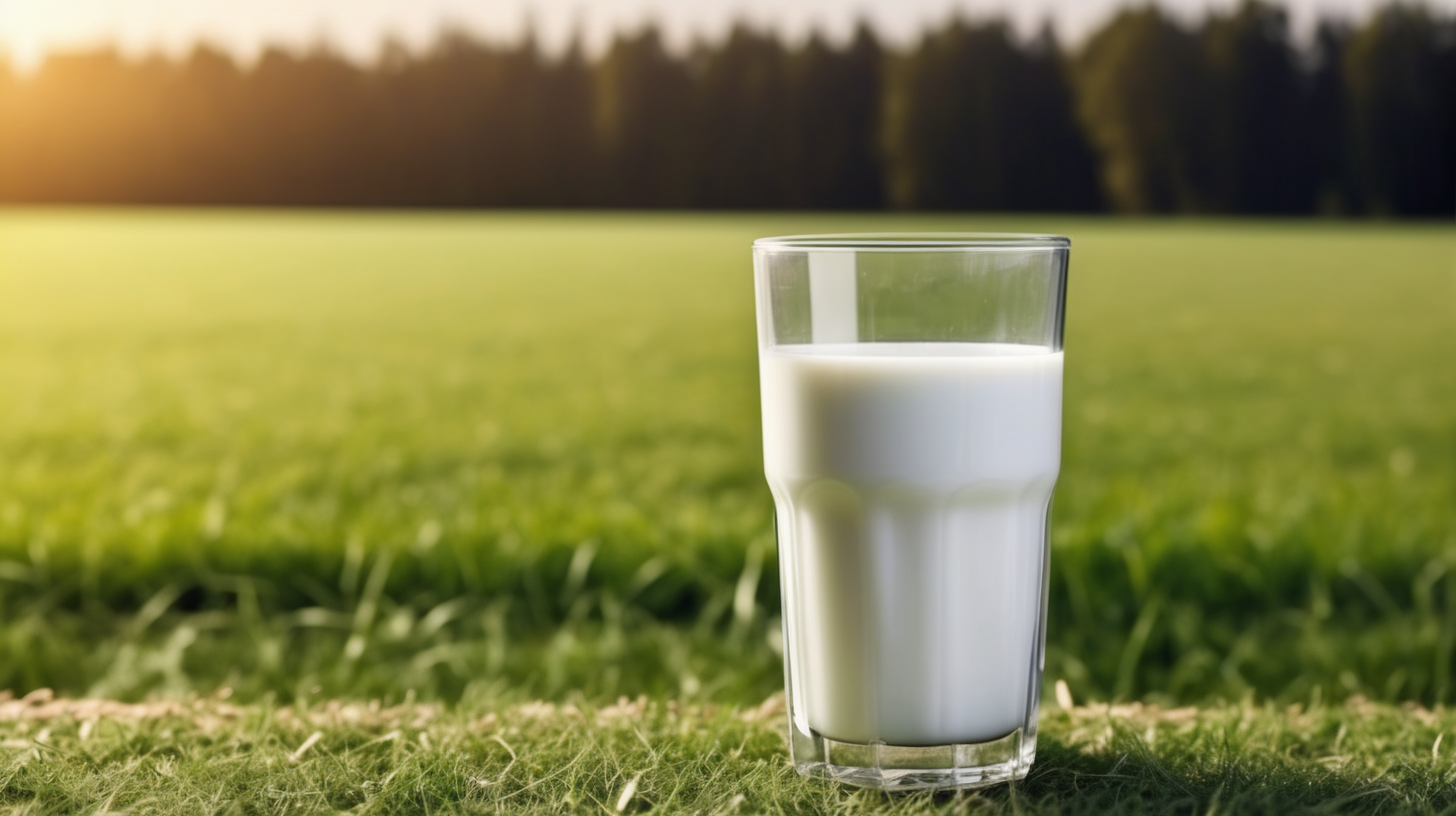 glass of milk on field background copy space