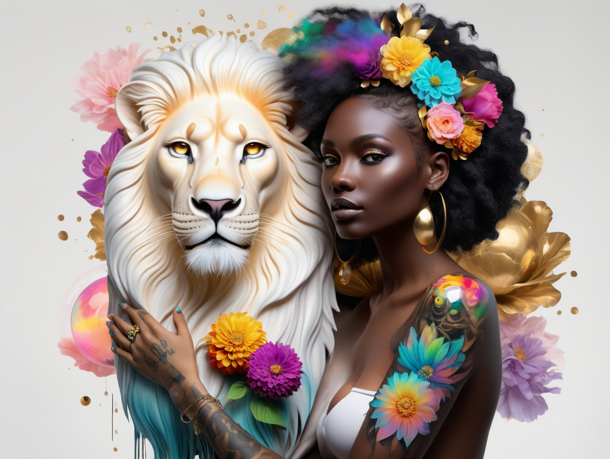 abstract exotic black Model with soft colorful flowers the colors leak into her hair. 
 add She is holding a toy top in gold
she is looking at realistic white 
lion
Add see through 5 crystal balls floating in the air
add tattoos on her arms and shoulder