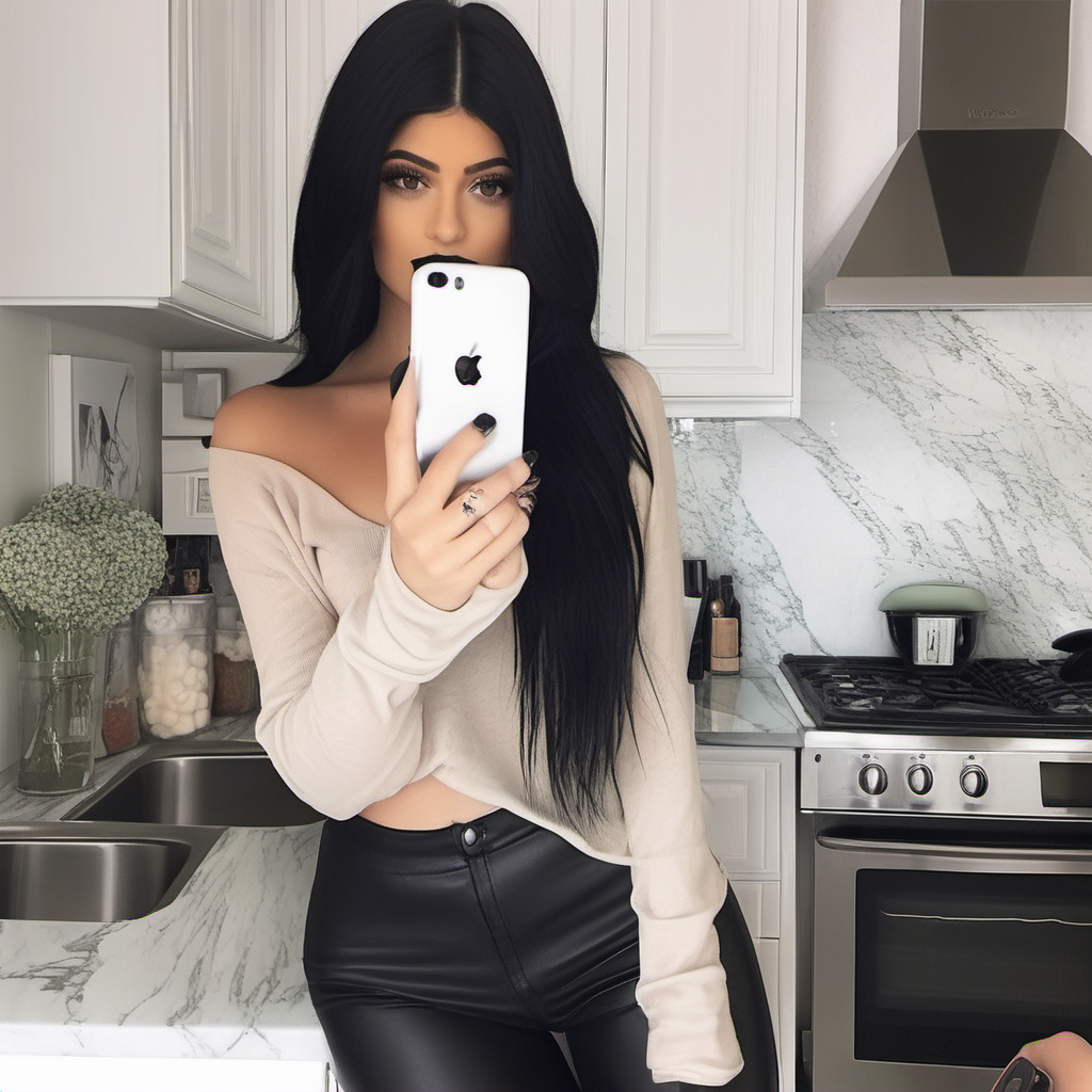 Make pictures of a Kylie Jenner look a like without it being Kylie jenner. The photo must be taken as if it were an amateur photo. The picture of the girl most be the same girl in every picture with the same specifications. the specifications are below. 

- Dark black hair
- Selfie
- Green eyes
- Hourglass body
- G size breasts
- Location in the kitchen
- Medium size lips
- Big eyelashes