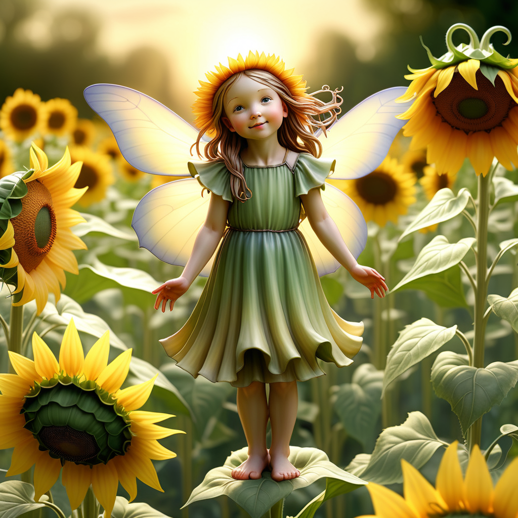 Create a fairy standing tall among sunflowers, radiating warmth and sunlight, capturing the vibrant and lifelike qualities found in Cicely Mary Barker's artwork.