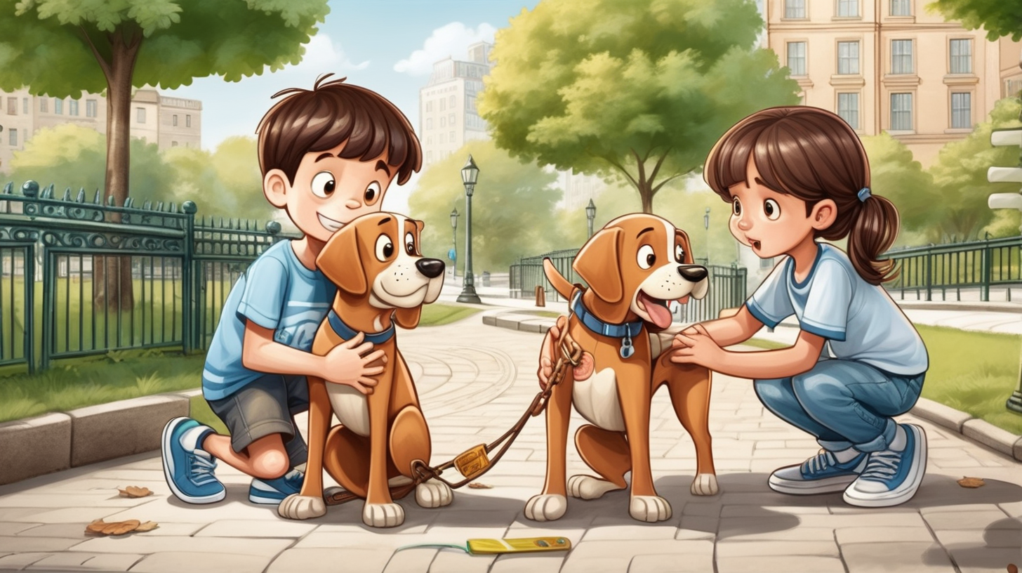 cartoon one boy and one girl helping a poor dog in the city park