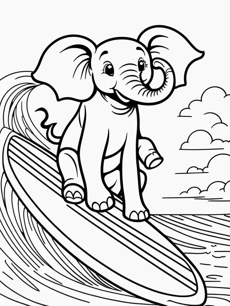 simple colouring page for kids, Elephant on a Surfboard, clean line art, --HD--AR 1:1.41