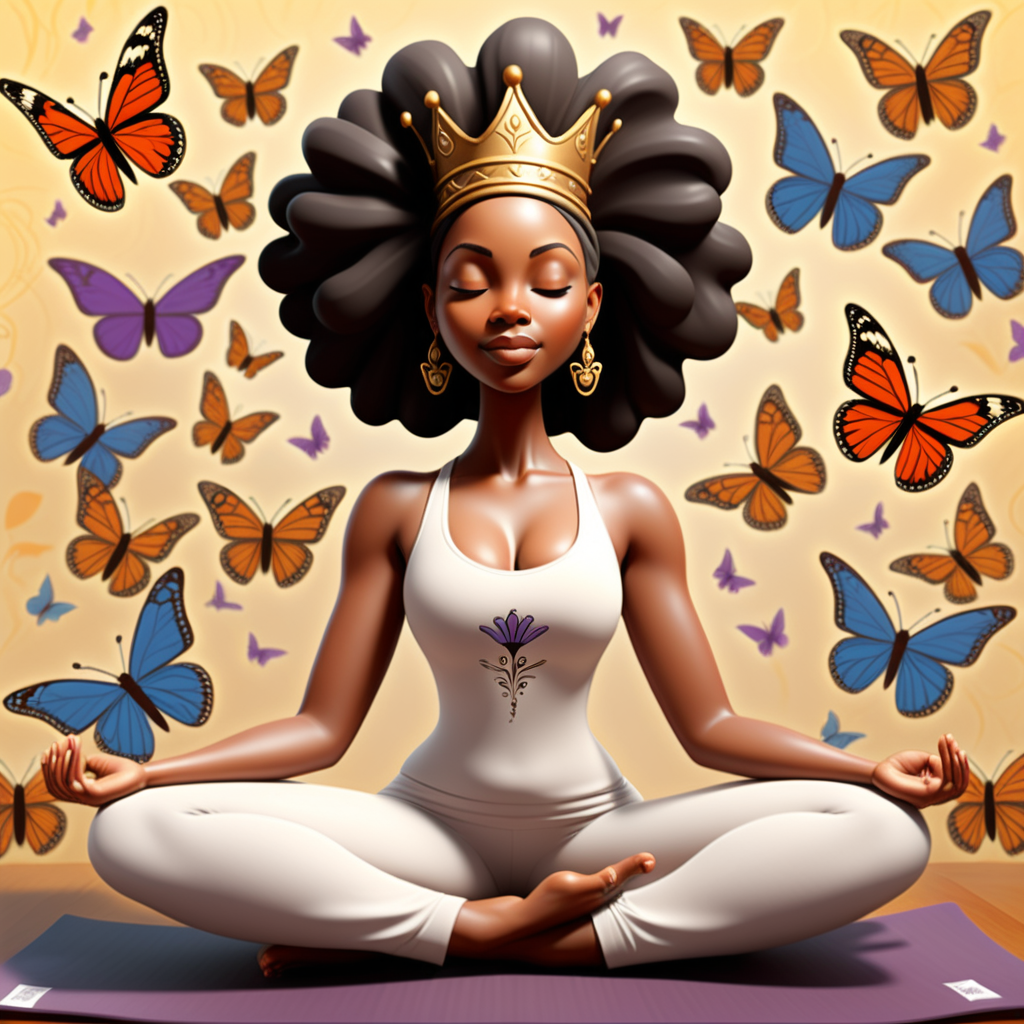 An African American stunning tall  curvy Whimsical depiction of a queen in a yoga pose surrounded by butterflies, tagline:

Bold Letter at Top of Page 
 "Yoga Crowns: Healing from Within."