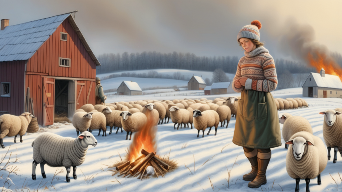 A young peasant woman wearing a quilt, a knitted woolen sweater, a knitted hat, thick woolen leggings, high knitted woolen socks, low rubber boots. He digs in the fields and clears the snow. Around her there are animals - sheep. Near is the barn in front of which a fire is burning. Everything is covered in snow.
