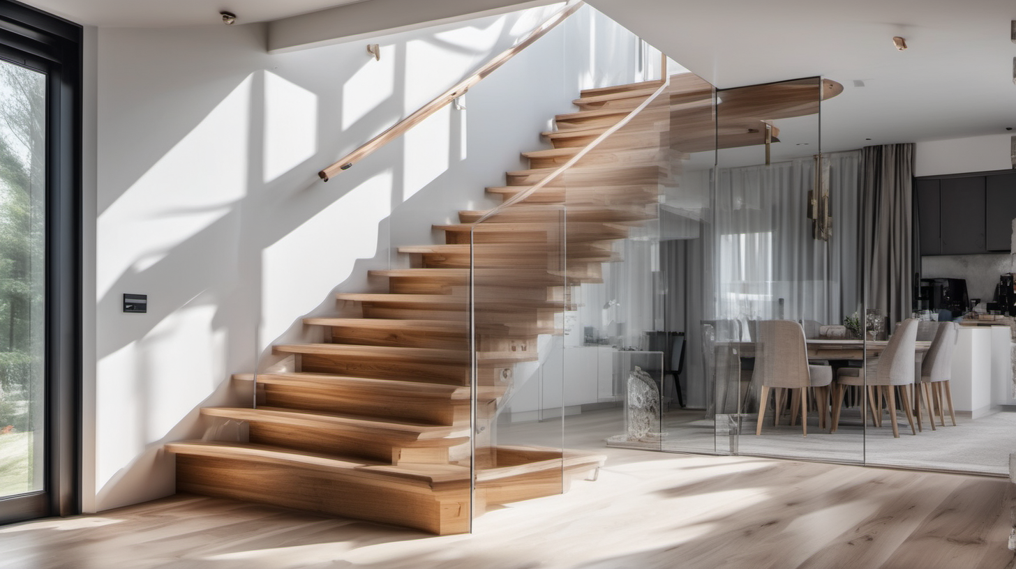 make a luxury hyper realistic wooden and white stairs in house in poland, make look from window, add glass by the stairs