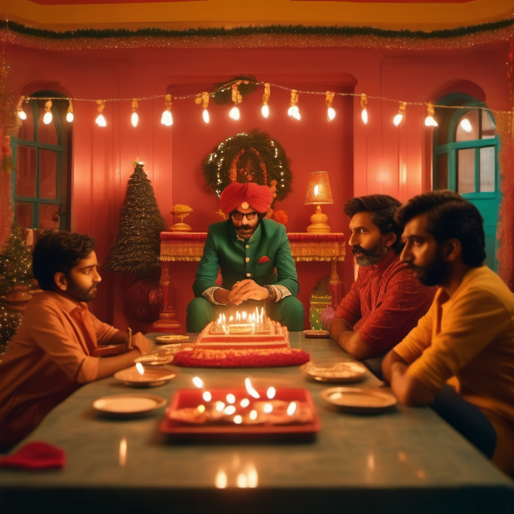 Anticipation of the upcoming festival season with Diwali, Christmas and birthdays full of celebration, Wes Anderson cinematic setting