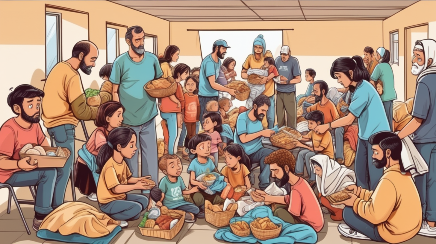 lot of cartoon poor people including men women and kids helping each other with food and blankets and taking care of each other in a shelter home.