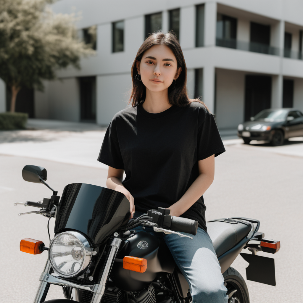 person sitting on motorycle bike showing front with boxy black t shirt that is blank
