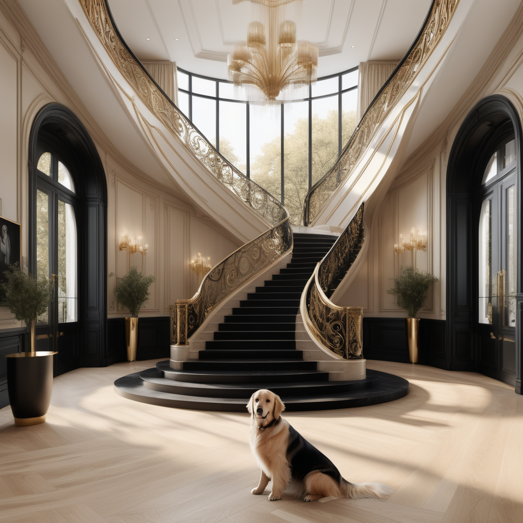 a hyperrealistic image of a grand modern Parisian entrance foyer with curved staircase; floor to ceiling windows; beige, oak, brass and black colour palette; Oak floor; golden retriever