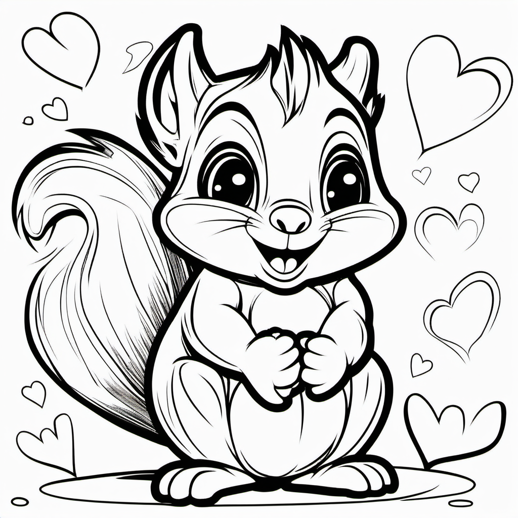 super Adorable little squirrel line art coloring book page, valentine hearts, black and white, sweet smile, character full body, so cute, excited, big bright eyes, shiny and fluffy,
fairytale, energetic, playful, incredibly high detail, 16k, octane rendering, gorgeous, ultra wide angle.