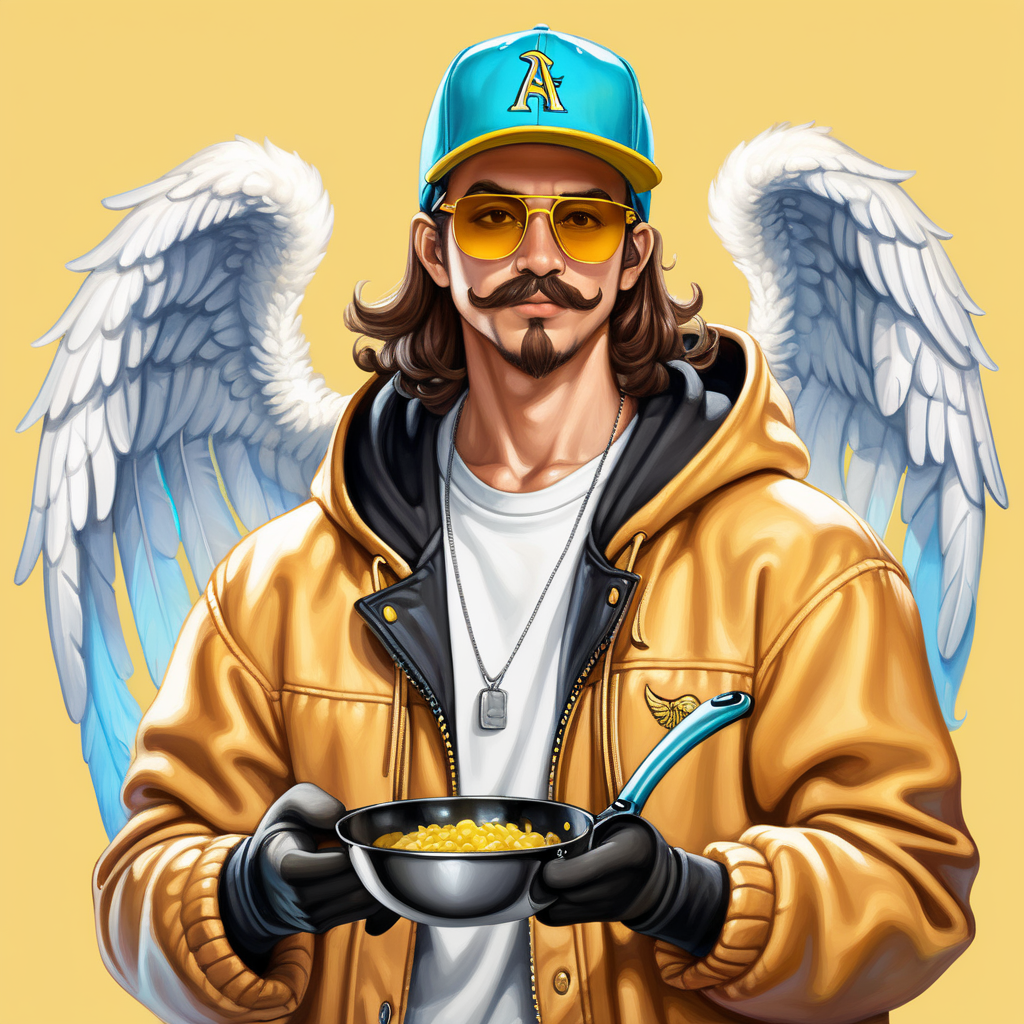 White smooth skin, black baseball cap, yellow sunglasses, brown mustach and goatee, long brown hair, colorful jacket, angel wings, long hoodie and gloves, frying pan, male,